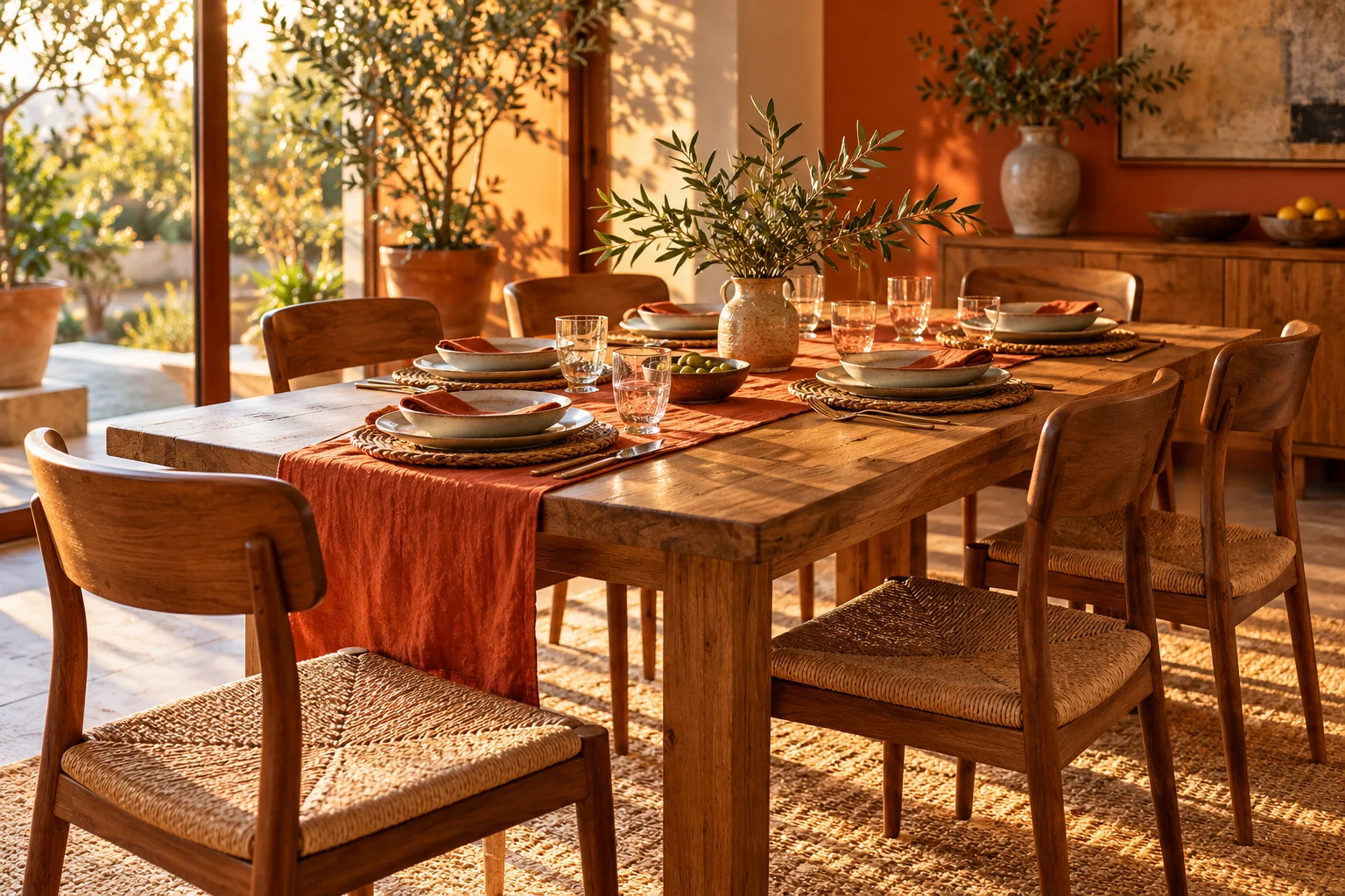Mesa de madeira preparada para receber, com luz quente e cadeiras ao redor